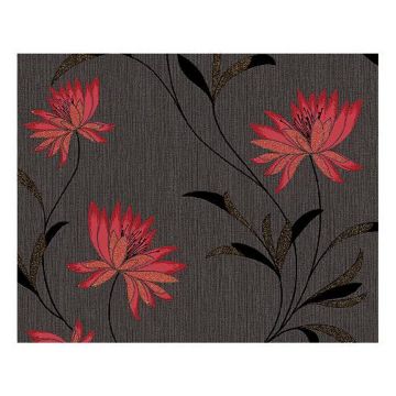 Tapet vlies Atlanta 957202, negru/rosu, model floral, 10 m x 53 cm